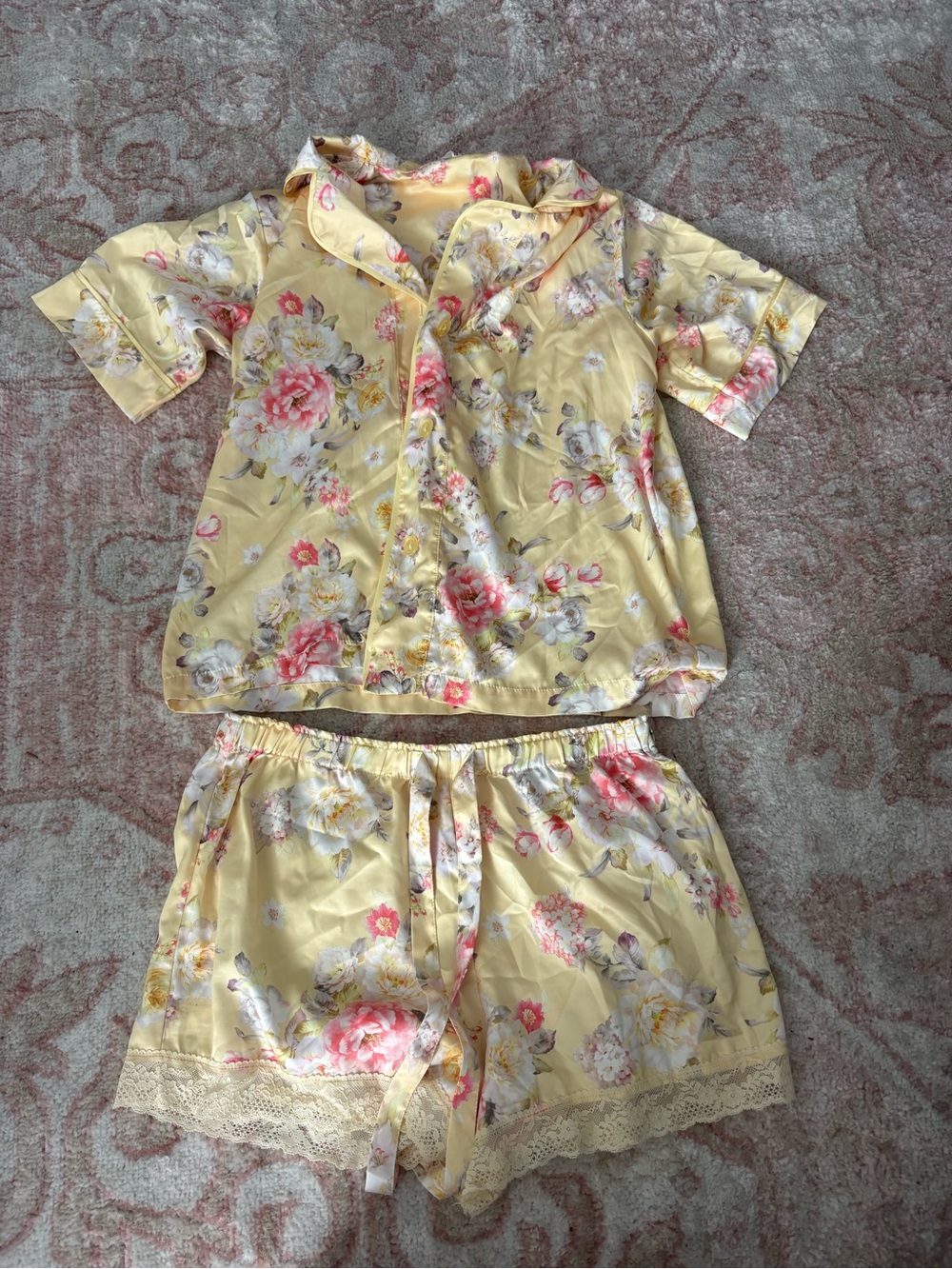 Flora Nikrooz Yellow Floral Satin Short Pajama Set with Pink Roses